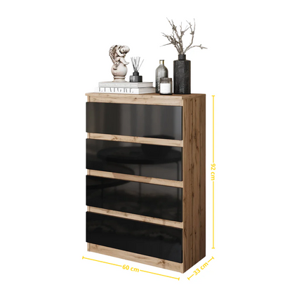 GABRIEL - Cassettiera a 4 cassetti - Credenza per camera da letto - Quercia wotan / Nero lucido