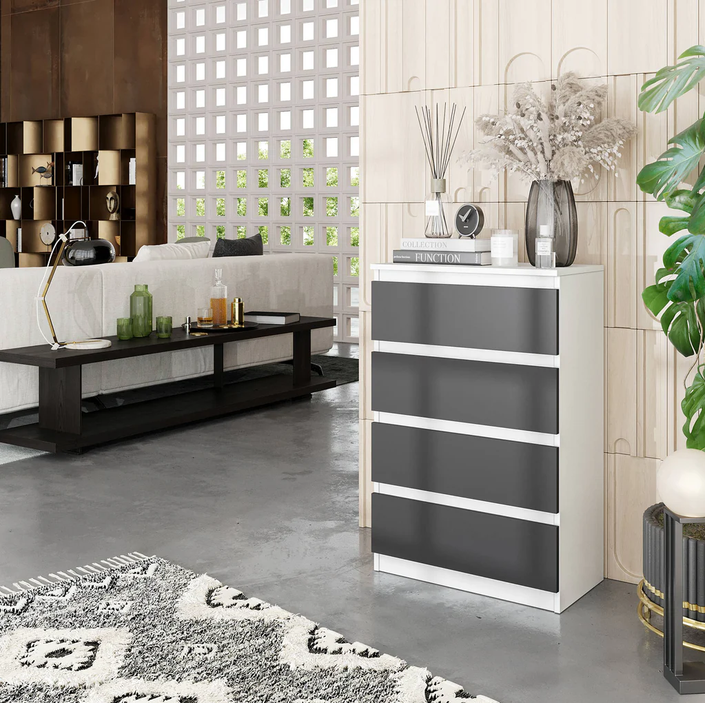 GABRIEL - Cassettiera a 4 cassetti - Credenza per camera da letto - Bianco opaco / Antracite