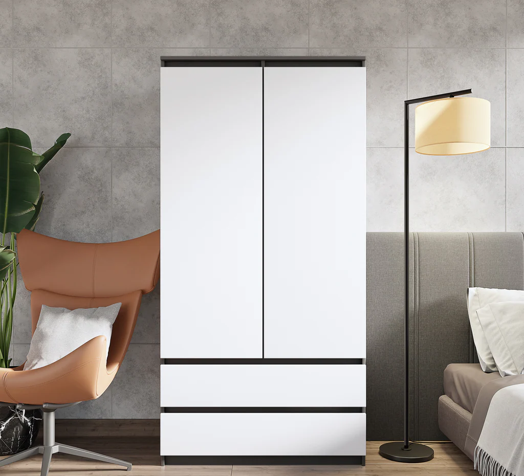 JOELLE - Armadio a 2 ante con 2 cassetti - Antracite / Bianco opaco H180cm L90cm P50cm