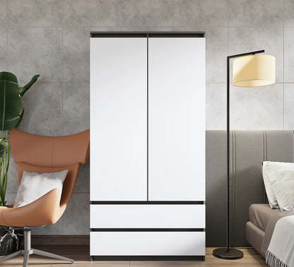 JOELLE - Armadio a 2 ante con 2 cassetti - Antracite / Bianco opaco H180cm L90cm P50cm
