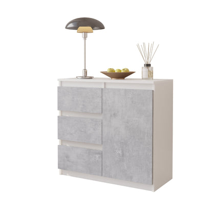 MIKEL - Cassettiera con 3 cassetti e 1 anta - Credenza per camera da letto - Bianco Opaco / Calcestruzzo