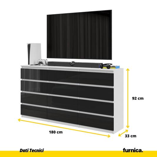 GABRIEL - Cassettiera a 12 cassetti (8+4) - Credenza per camera da letto - Bianco opaco / Nero lucido