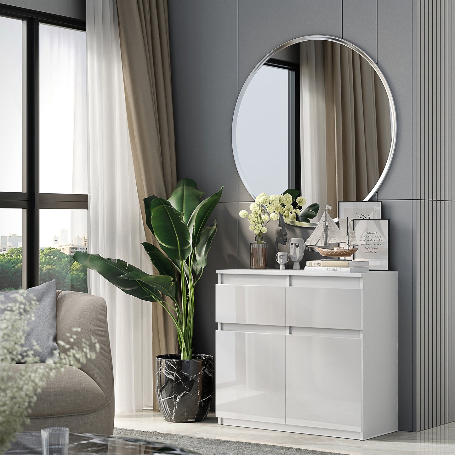 NOAH - Cassettiera con 2 cassetti e 2 ante - Credenza per camera da letto - Bianco Opaco / Bianco Lucido