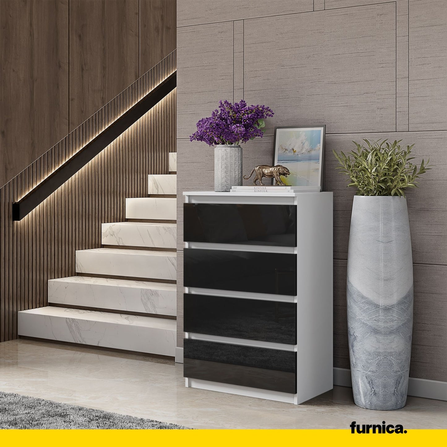 GABRIEL - Cassettiera a 4 cassetti - Credenza per camera da letto - Bianco opaco / Nero lucido