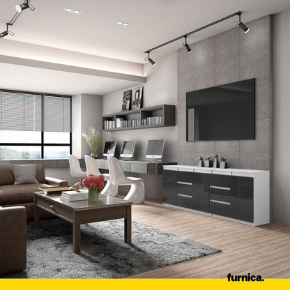 MIKEL - Cassettiera con 6 cassetti e 3 ante - Credenza per camera da letto - Bianco Opaco / Nero Lucido H75cm L200cm P35cm