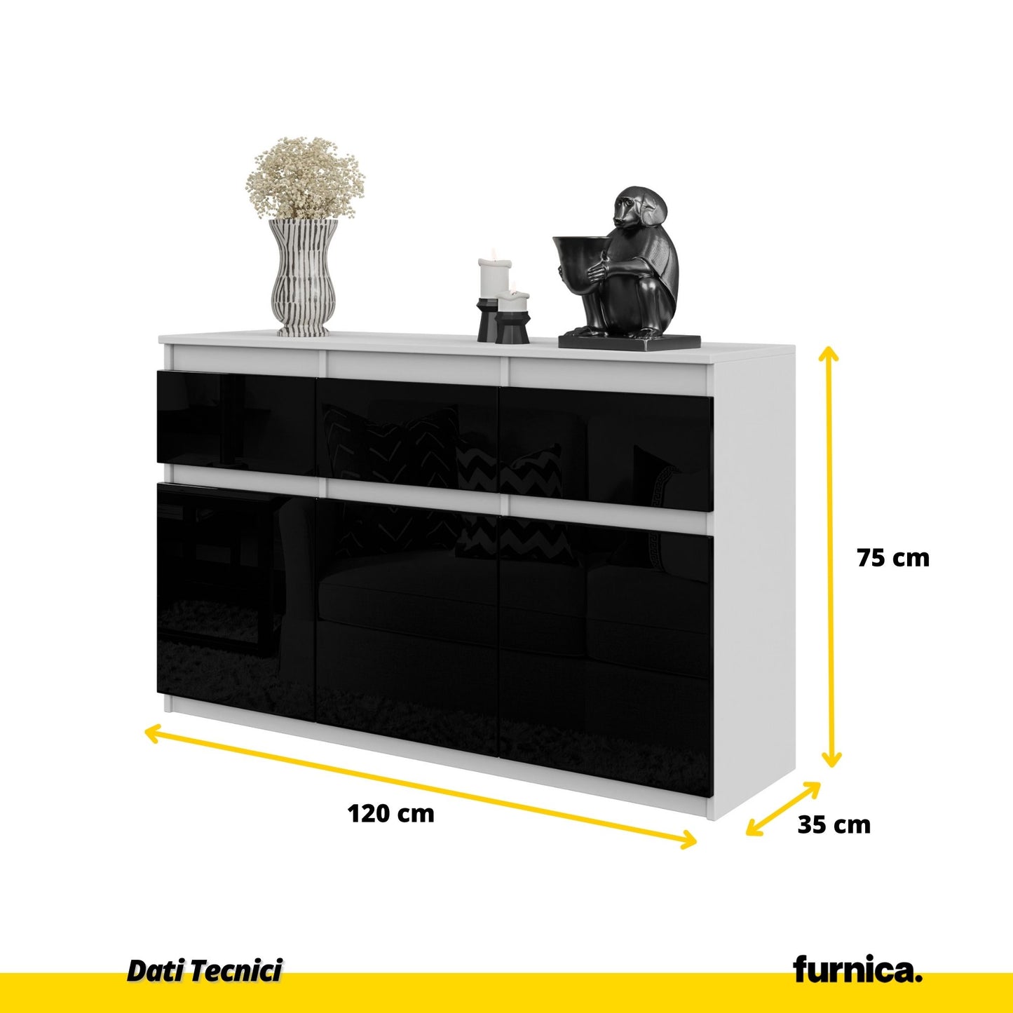 NOAH - Cassettiera a 3 cassetti e 3 ante - Credenza per camera da letto - Bianco Opaco / Nero Lucido