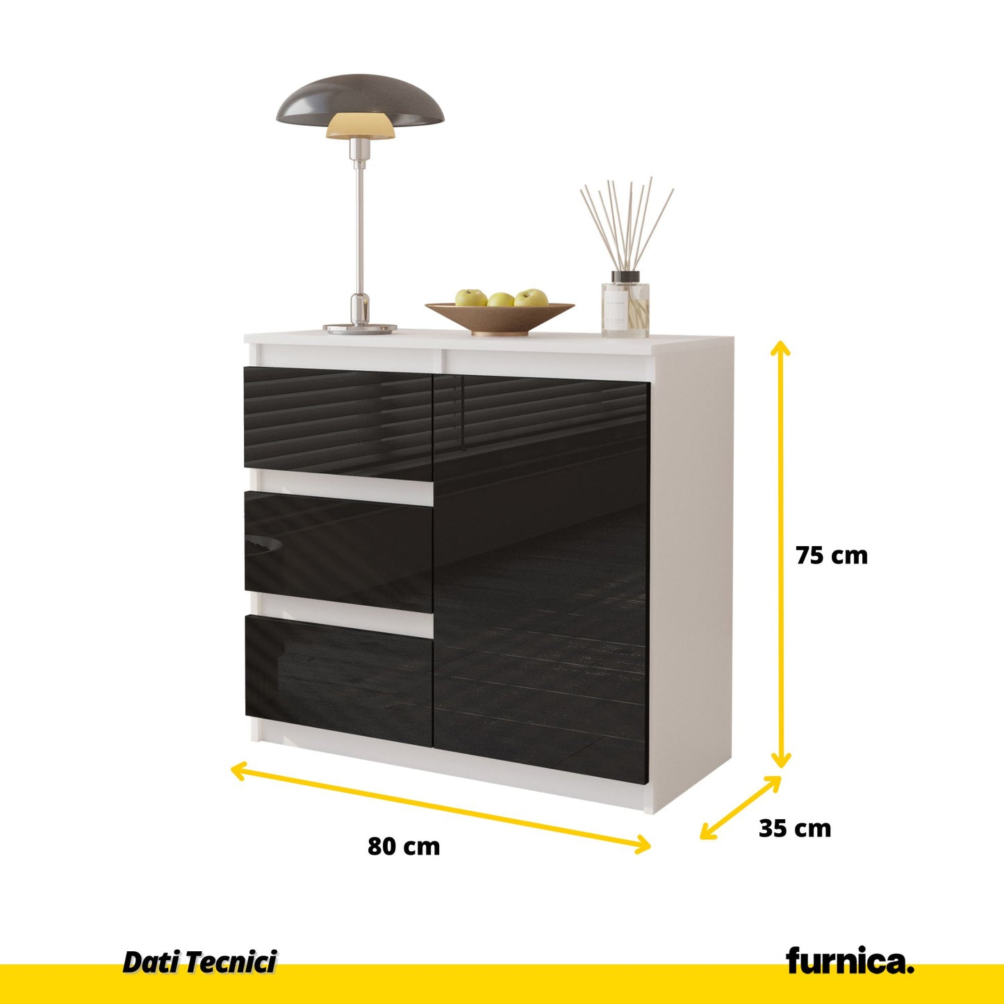 MIKEL - Cassettiera con 3 cassetti e 1 anta - Credenza per camera da letto - Bianco Opaco / Nero Lucido