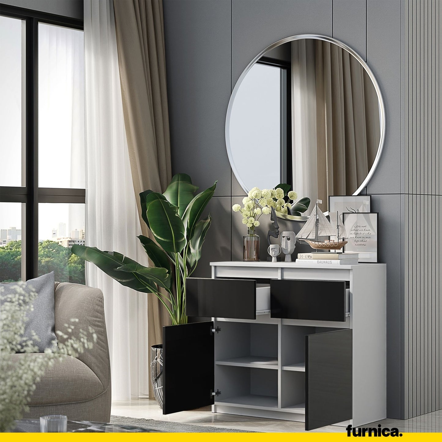 NOAH - Cassettiera con 2 cassetti e 2 ante - Credenza per camera da letto - Bianco Opaco / Nero Lucido