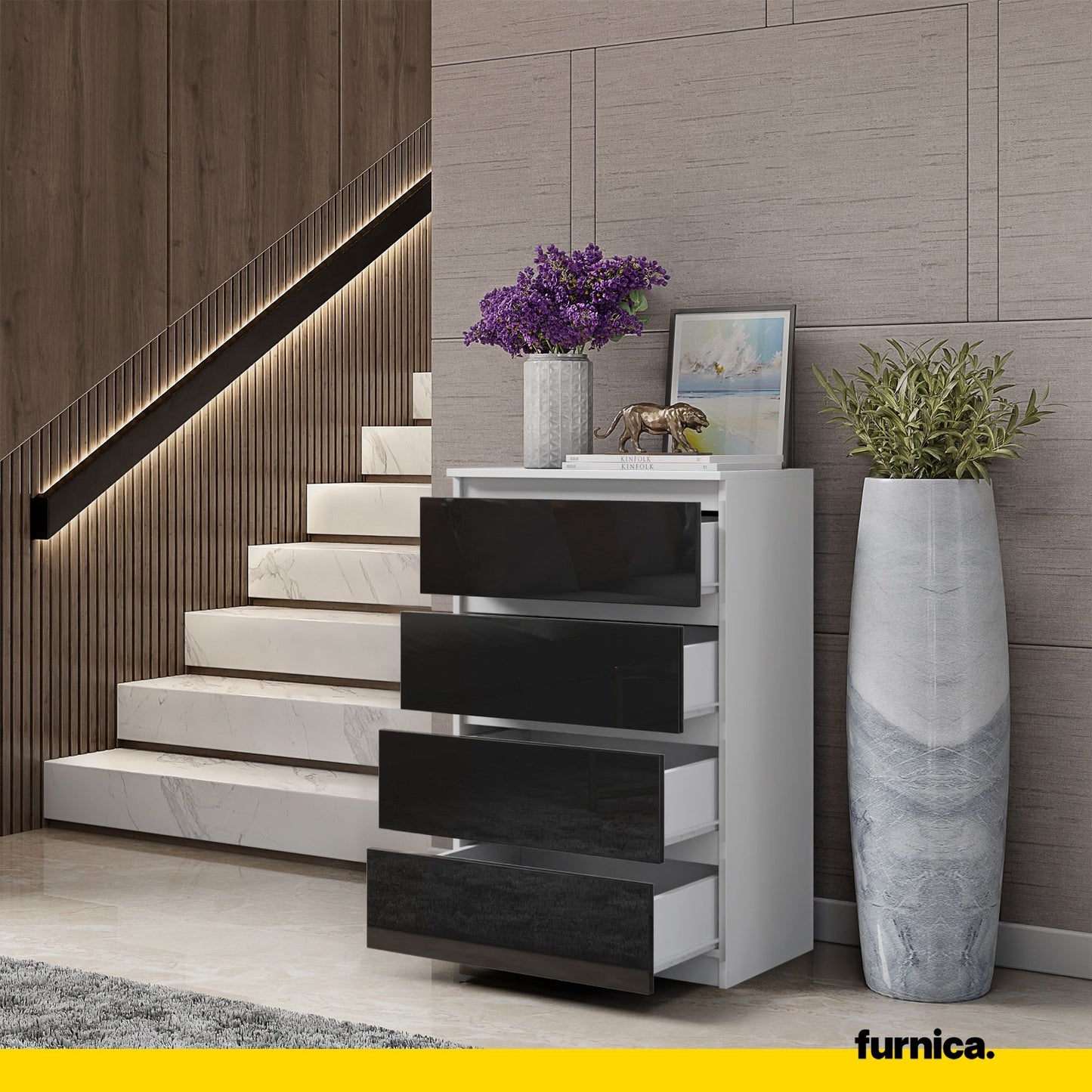 GABRIEL - Cassettiera a 4 cassetti - Credenza per camera da letto - Bianco opaco / Nero lucido