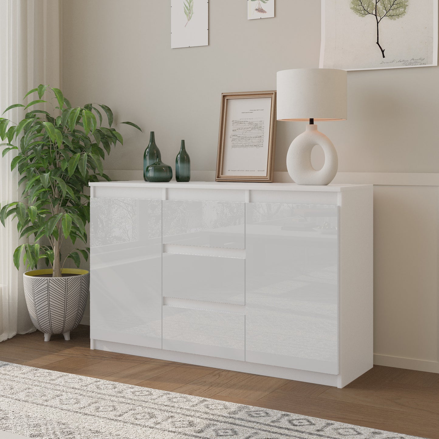 MIKEL - Cassettiera con 3 cassetti e 2 ante - Credenza per camera da letto - Bianco Opaco / Bianco Lucido
