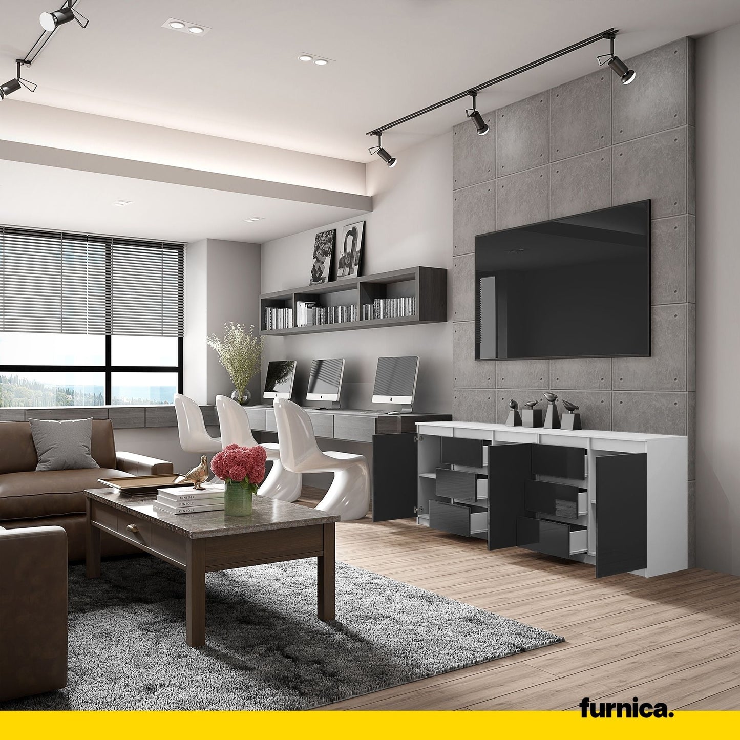 MIKEL - Cassettiera con 6 cassetti e 3 ante - Credenza per camera da letto - Bianco Opaco / Nero Lucido H75cm L200cm P35cm