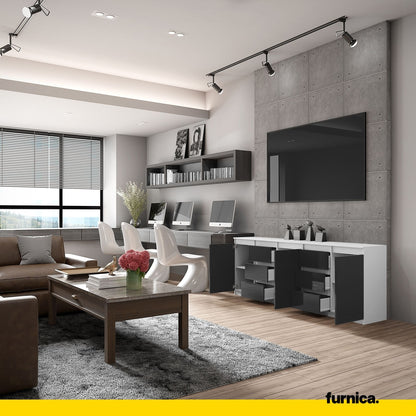 MIKEL - Cassettiera con 6 cassetti e 3 ante - Credenza per camera da letto - Bianco Opaco / Nero Lucido H75cm L200cm P35cm