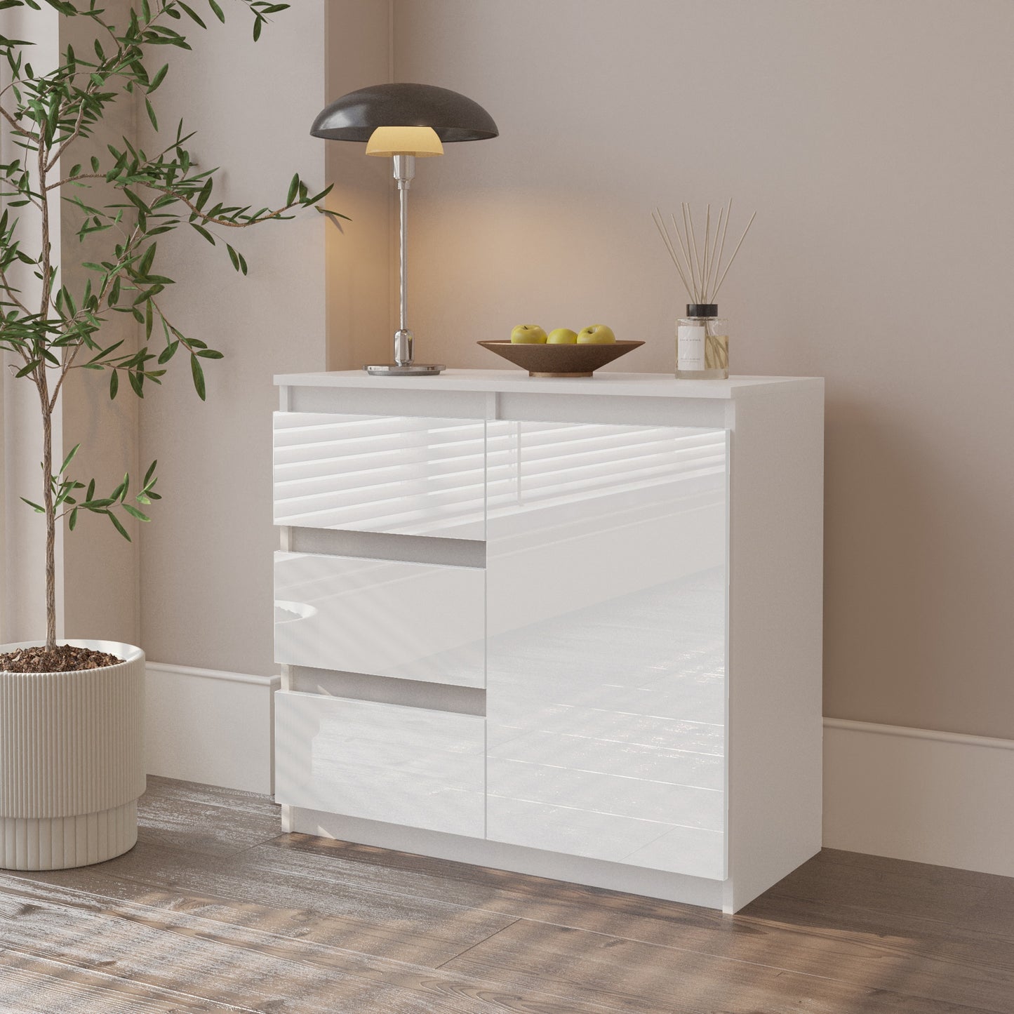 MIKEL - Cassettiera con 3 cassetti e 1 anta - Credenza per camera da letto - Bianco Opaco / Bianco Lucido