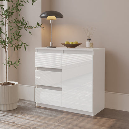 MIKEL - Cassettiera con 3 cassetti e 1 anta - Credenza per camera da letto - Bianco Opaco / Bianco Lucido