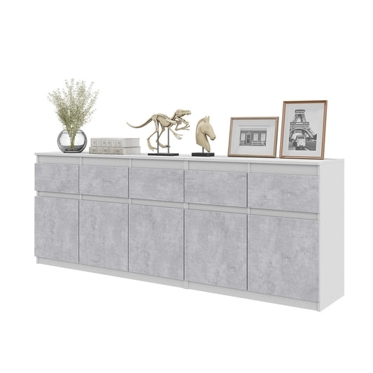 NOAH - Cassettiera a 5 cassetti e 5 ante - Credenza per camera da letto - Bianco Opaco / Calcestruzzo H75cm L200cm P35cm