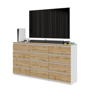 GABRIEL - Cassettiera a 12 cassetti (8+4) - Credenza per camera da letto - Bianco opaco / Rovere Wotan