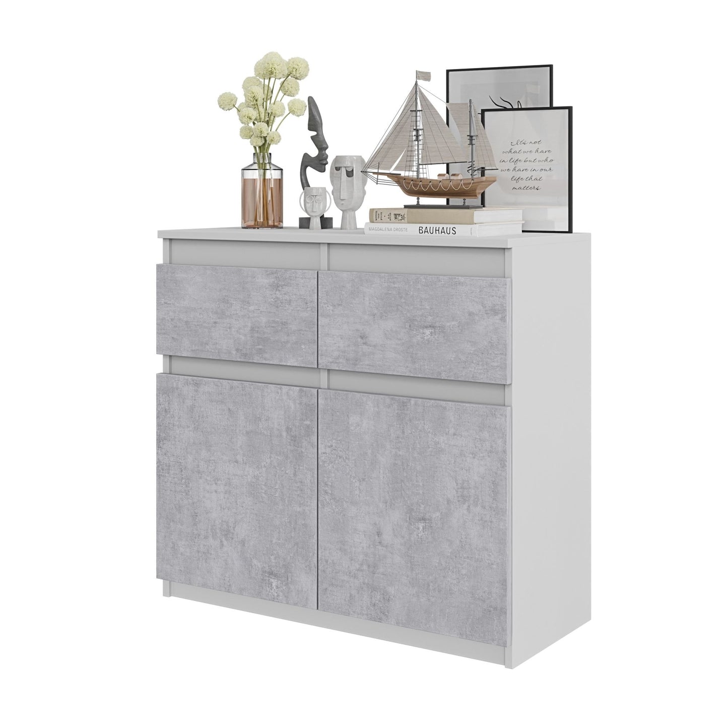 NOAH - Cassettiera con 2 cassetti e 2 ante - Credenza per camera da letto - Bianco Opaco / Calcestruzzo