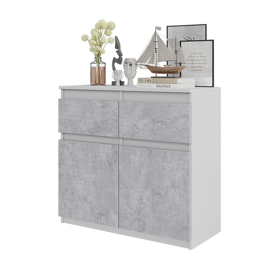 NOAH - Cassettiera con 2 cassetti e 2 ante - Credenza per camera da letto - Bianco Opaco / Calcestruzzo