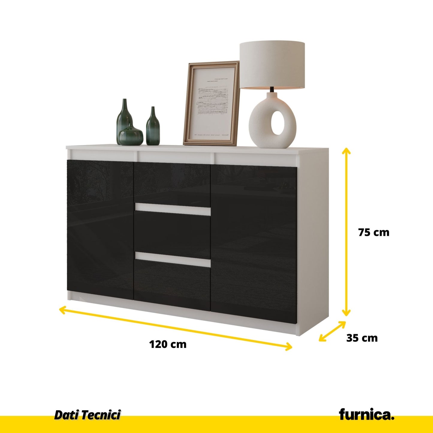 MIKEL - Cassettiera con 3 cassetti e 2 ante - Credenza per camera da letto - Bianco Opaco / Nero Lucido