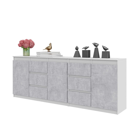 MIKEL - Cassettiera con 6 cassetti e 3 ante - Credenza per camera da letto - Bianco Opaco / Calcestruzzo H75cm L200cm P35cm