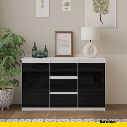MIKEL - Cassettiera con 3 cassetti e 2 ante - Credenza per camera da letto - Bianco Opaco / Nero Lucido