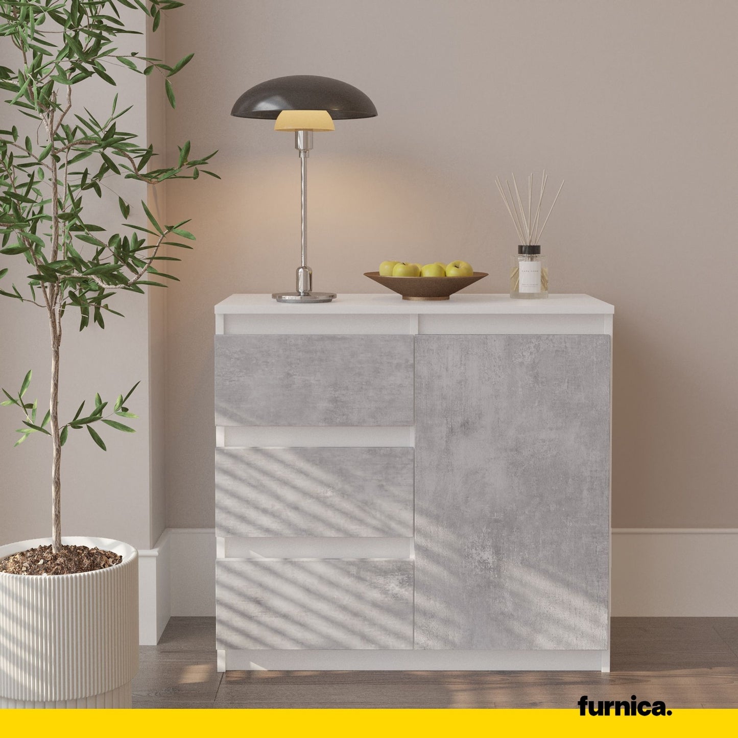 MIKEL - Cassettiera con 3 cassetti e 1 anta - Credenza per camera da letto - Bianco Opaco / Calcestruzzo