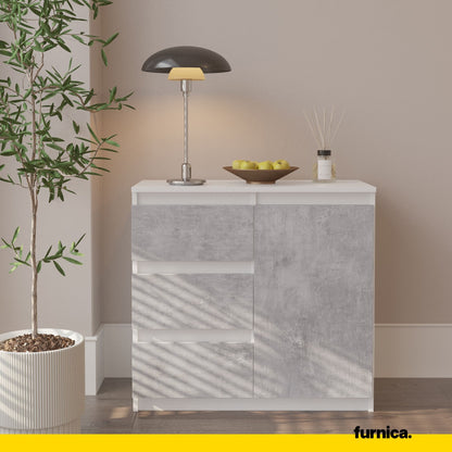 MIKEL - Cassettiera con 3 cassetti e 1 anta - Credenza per camera da letto - Bianco Opaco / Calcestruzzo