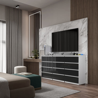 GABRIEL - Cassettiera a 12 cassetti (8+4) - Credenza per camera da letto - Bianco opaco / Nero lucido