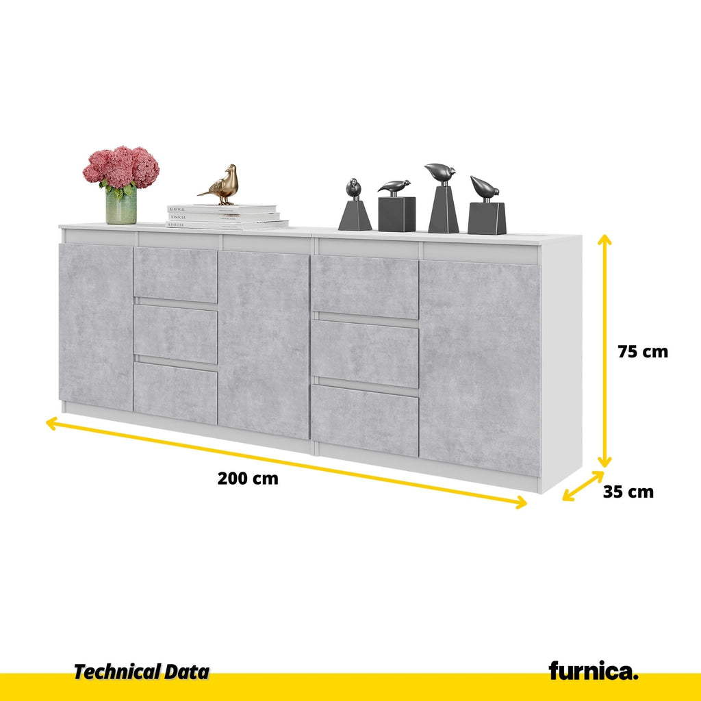 MIKEL - Cassettiera con 6 cassetti e 3 ante - Credenza per camera da letto - Bianco opaco / Calcestruzzo H75cm L200cm P35cm