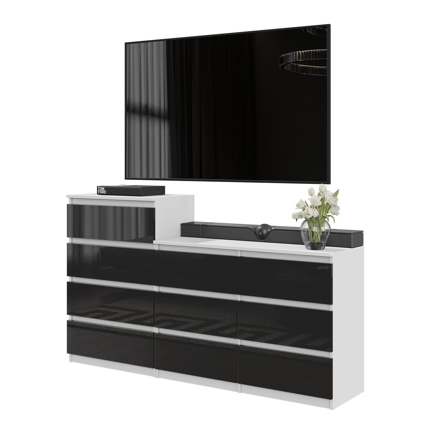 GABRIEL - Cassettiera a 10 cassetti (6+4) - Credenza per camera da letto - Bianco opaco / Nero lucido