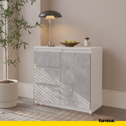 MIKEL - Cassettiera con 3 cassetti e 1 anta - Credenza per camera da letto - Bianco Opaco / Calcestruzzo
