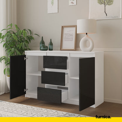 MIKEL - Cassettiera con 3 cassetti e 2 ante - Credenza per camera da letto - Bianco Opaco / Nero Lucido