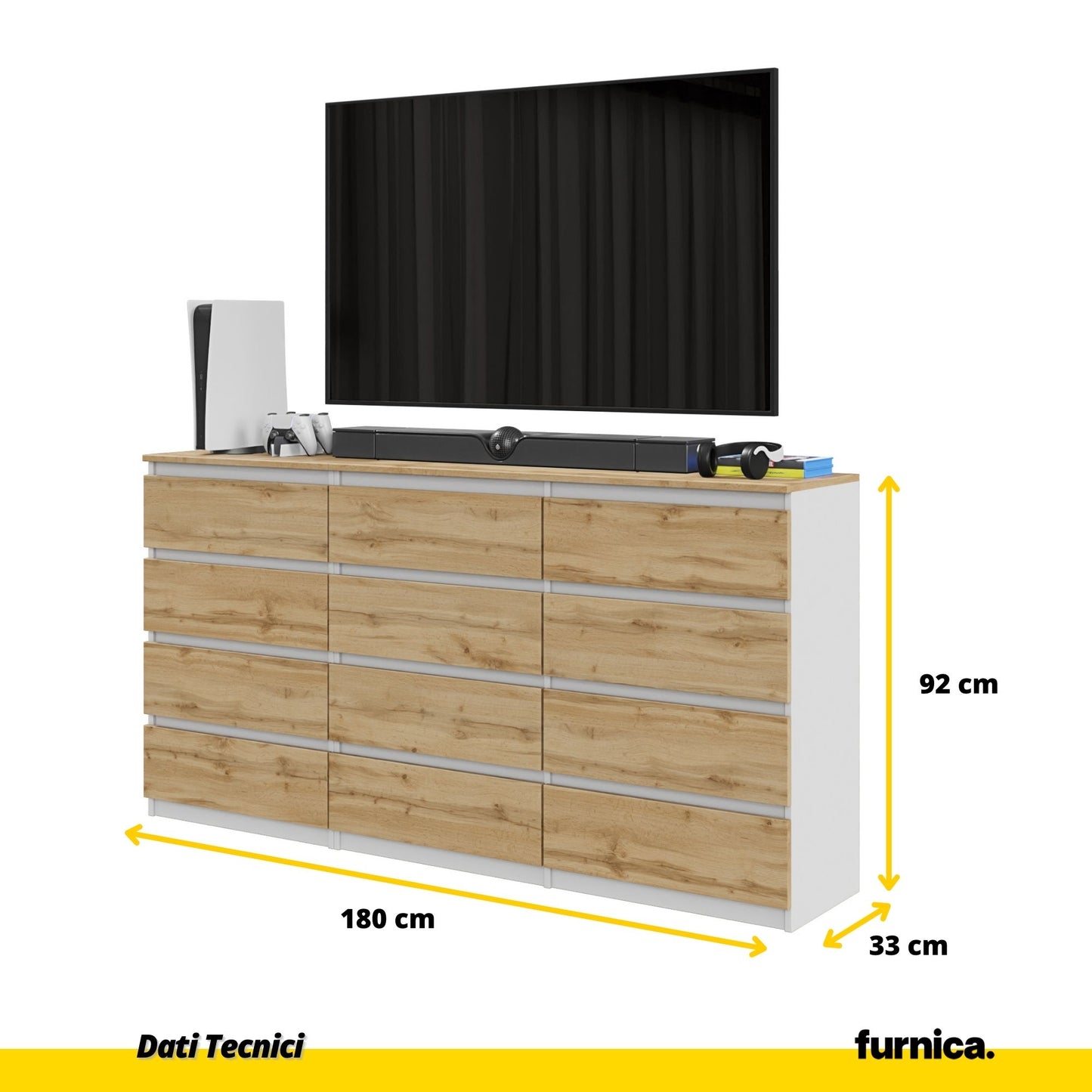 GABRIEL - Cassettiera a 12 cassetti (8+4) - Credenza per camera da letto - Bianco opaco / Rovere Wotan