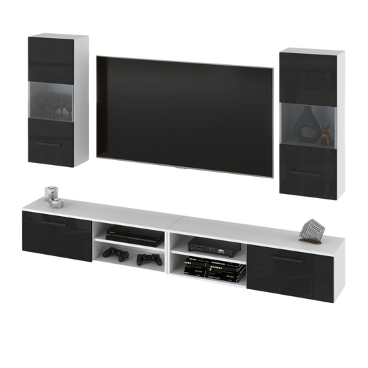 MIRANDA - Set di mobili TV sospesi - 4 mobili - Bianco Opaco / Nero Lucido