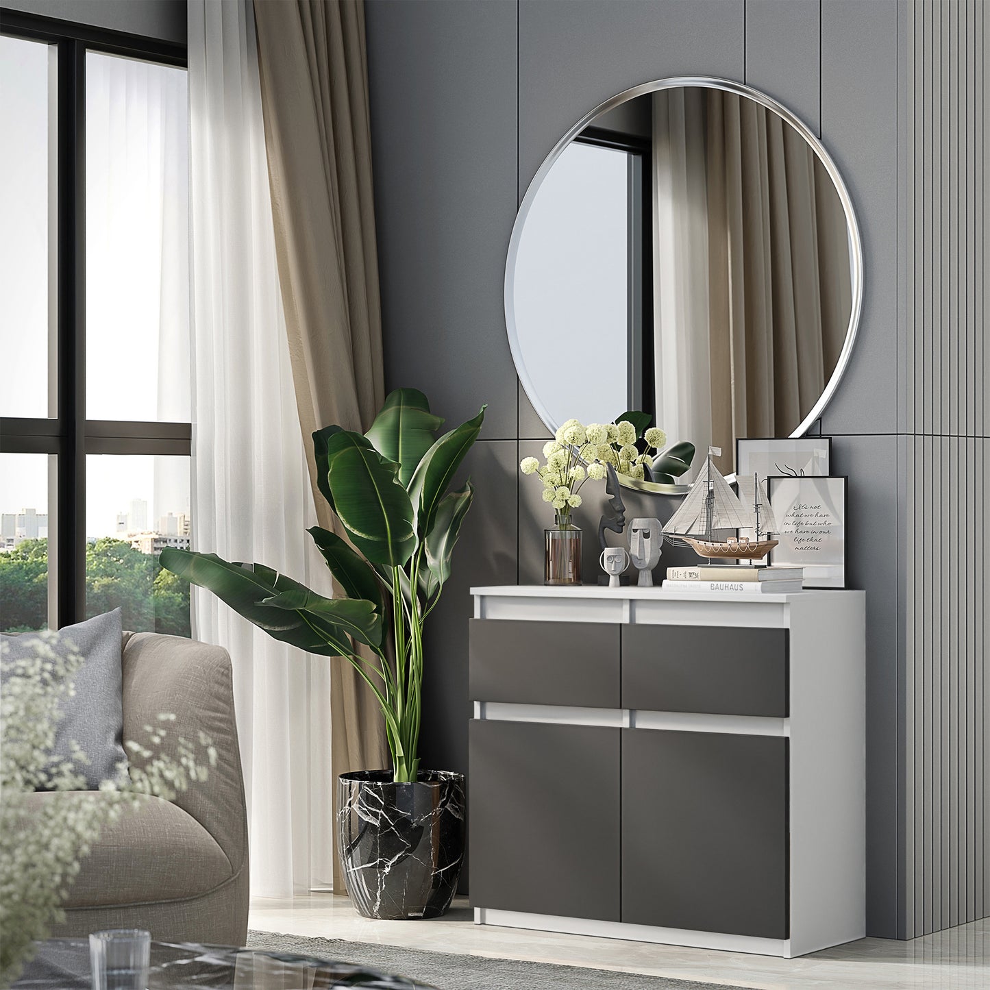 NOAH - Cassettiera con 2 cassetti e 2 ante - Credenza per camera da letto - Bianco Opaco / Antracite