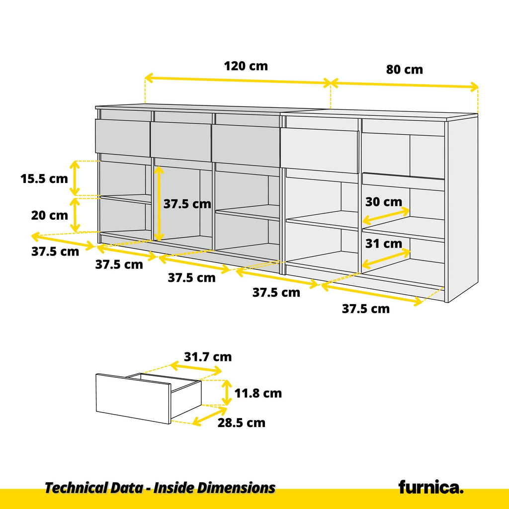 NOAH - Cassettiera a 5 cassetti e 5 ante - Credenza per camera da letto - Quercia Wotan / Calcestruzzo H75cm L200cm P35cm