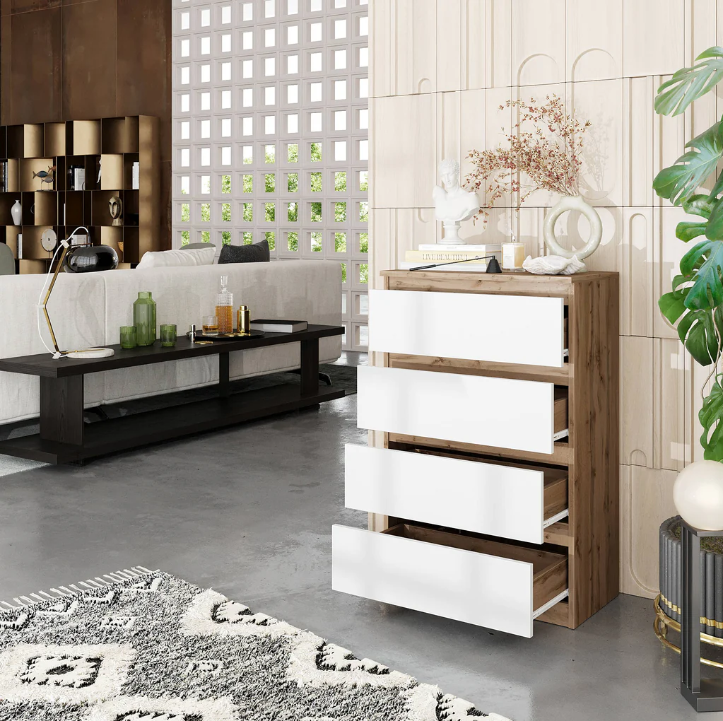 GABRIEL - Cassettiera a 4 cassetti - Credenza per camera da letto - Quercia wotan / Bianco opaco