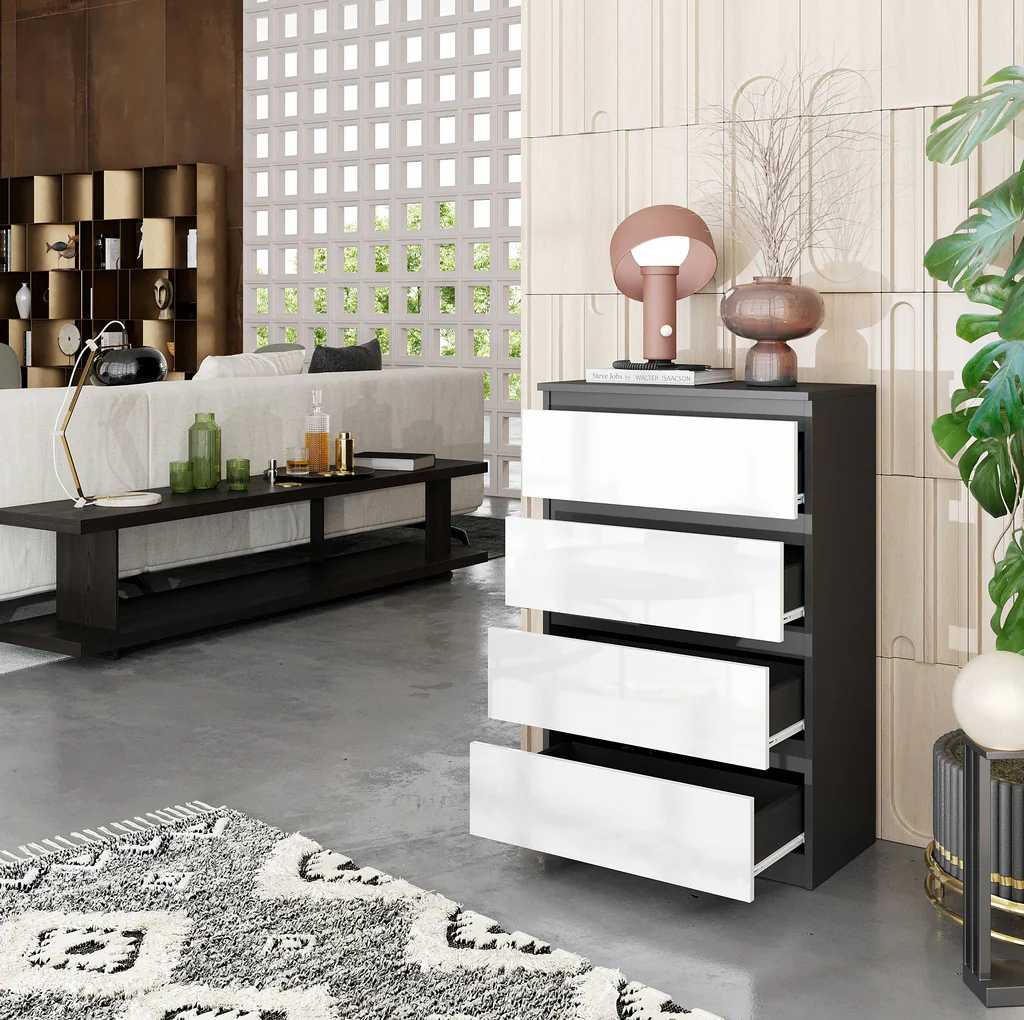GABRIEL - Cassettiera a 4 cassetti - Credenza per camera da letto - Antracite / Bianco lucido