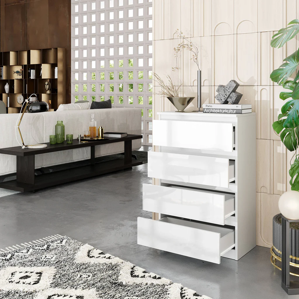 GABRIEL - Comò a 4 cassetti - Credenza per camera da letto - Bianco opaco / Bianco lucido