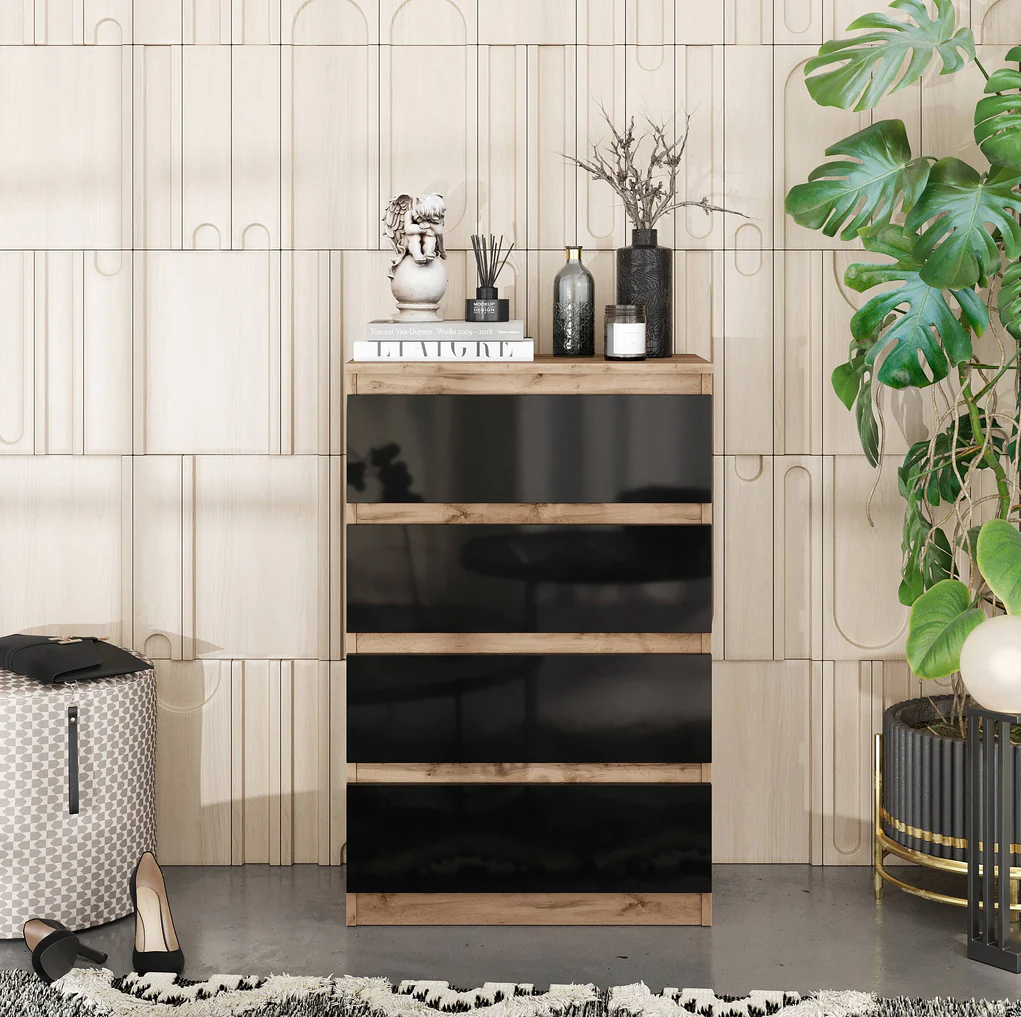 GABRIEL - Cassettiera a 4 cassetti - Credenza per camera da letto - Quercia wotan / Nero lucido