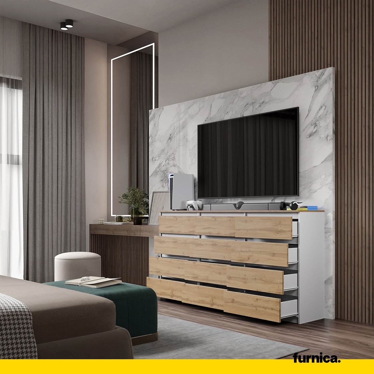 GABRIEL - Cassettiera a 12 cassetti (8+4) - Credenza per camera da letto - Bianco opaco / Rovere Wotan