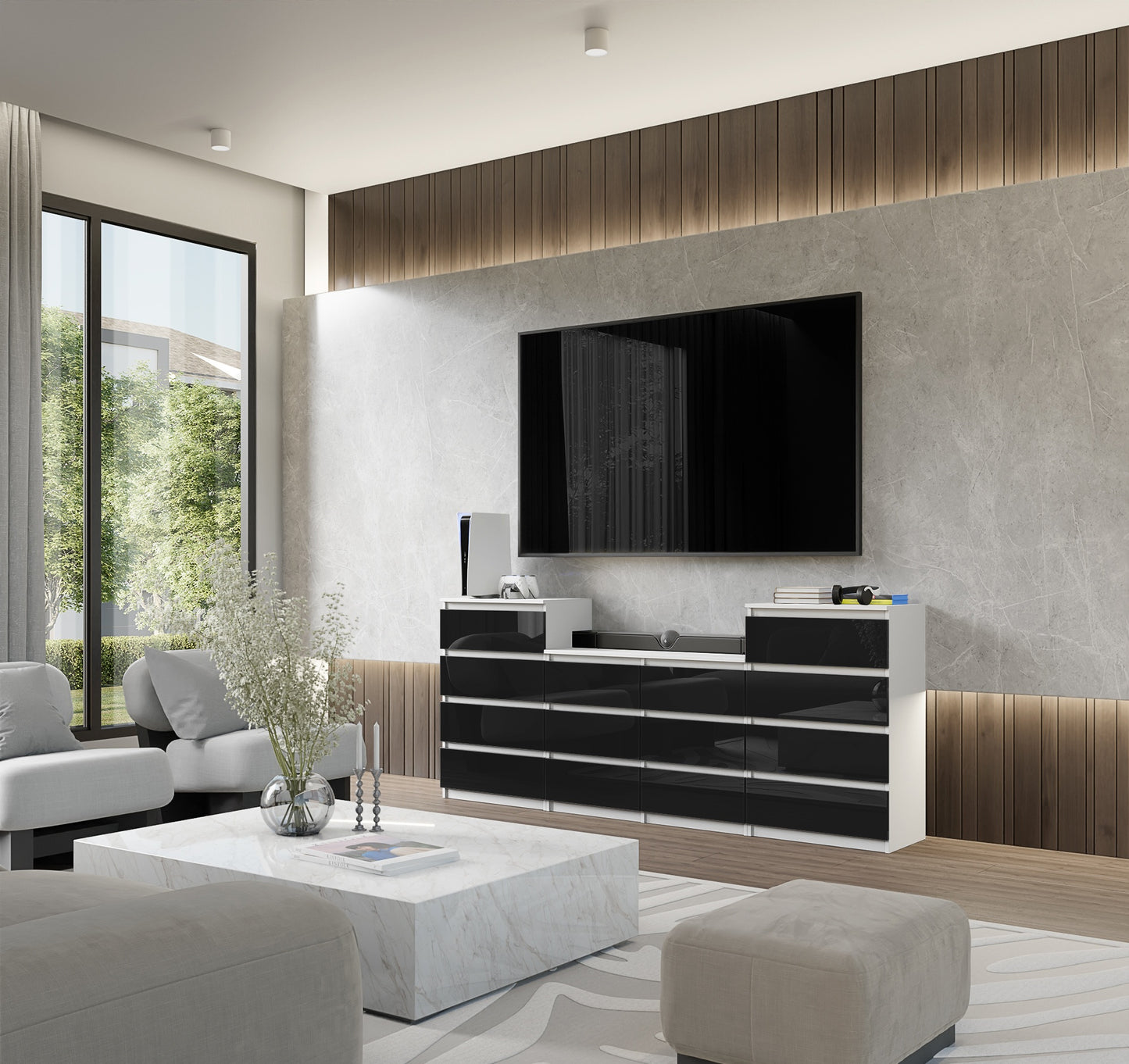 GABRIEL - Cassettiera a 14 cassetti (4+6+4) - Credenza per camera da letto - Bianco opaco / Nero lucido