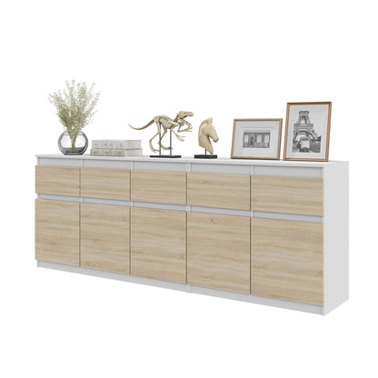 NOAH - Cassettiera a 5 cassetti e 5 ante - Credenza per camera da letto - Bianco Opaco / Rovere Sonoma H75cm L200cm P35cm