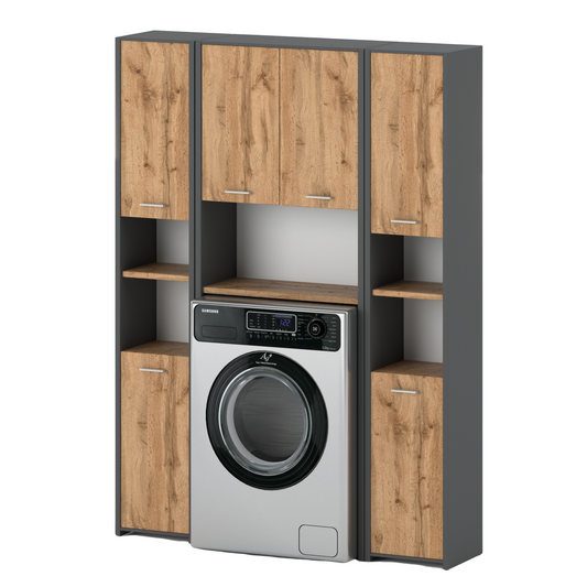 Set di armadietti da bagno EMMA con ante e ripiani - Antracite / Rovere Wotan H165cm L124cm P30cm