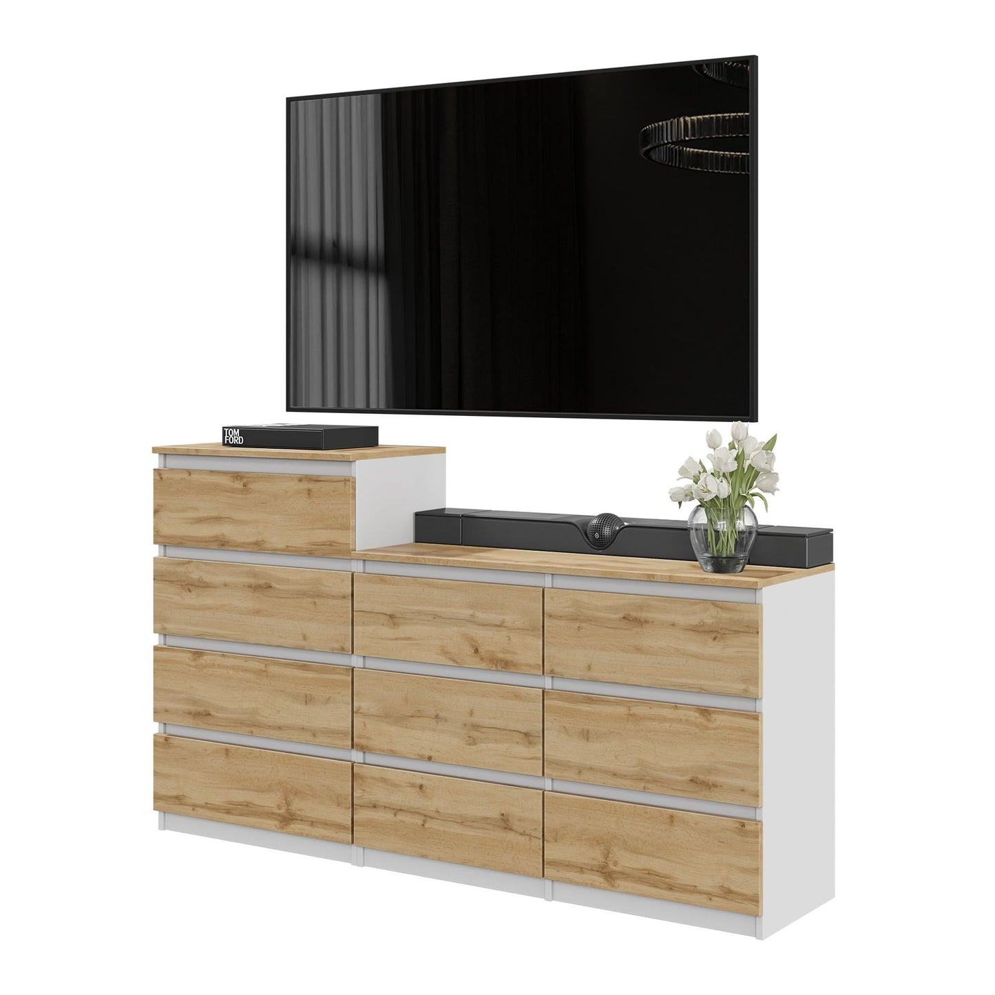 GABRIEL - Cassettiera a 10 cassetti (6+4) - Credenza per camera da letto - Bianco opaco / Rovere Wotan