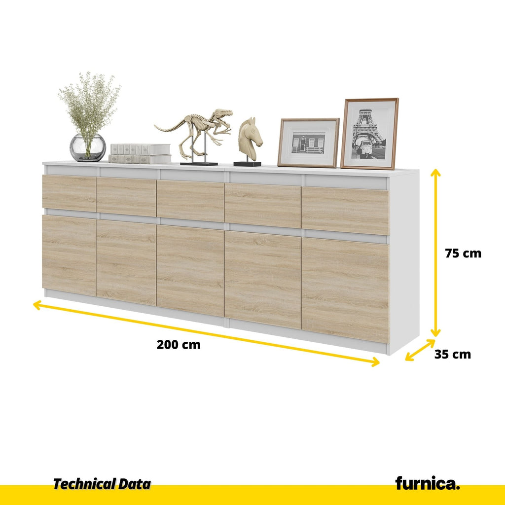 NOAH - Cassettiera a 5 cassetti e 5 ante - Credenza per camera da letto - Bianco Opaco / Rovere Sonoma H75cm L200cm P35cm