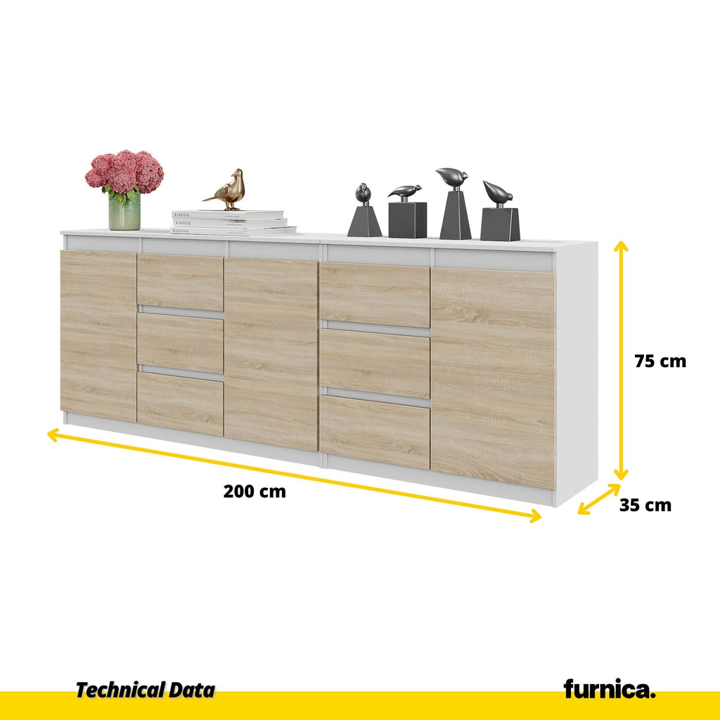 MIKEL - Cassettiera a 6 cassetti e 3 ante - Credenza per camera da letto - Bianco Opaco / Rovere Sonoma H75cm L200cm P35cm