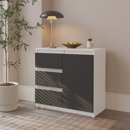 MIKEL - Cassettiera con 3 cassetti e 1 anta - Credenza per camera da letto - Bianco Opaco / Antracite