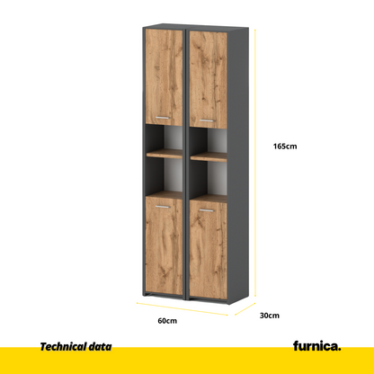 EMMA - Mobile bagno doppio con ante e ripiani - Antracite / Rovere Wotan H165cm L60cm P30cm