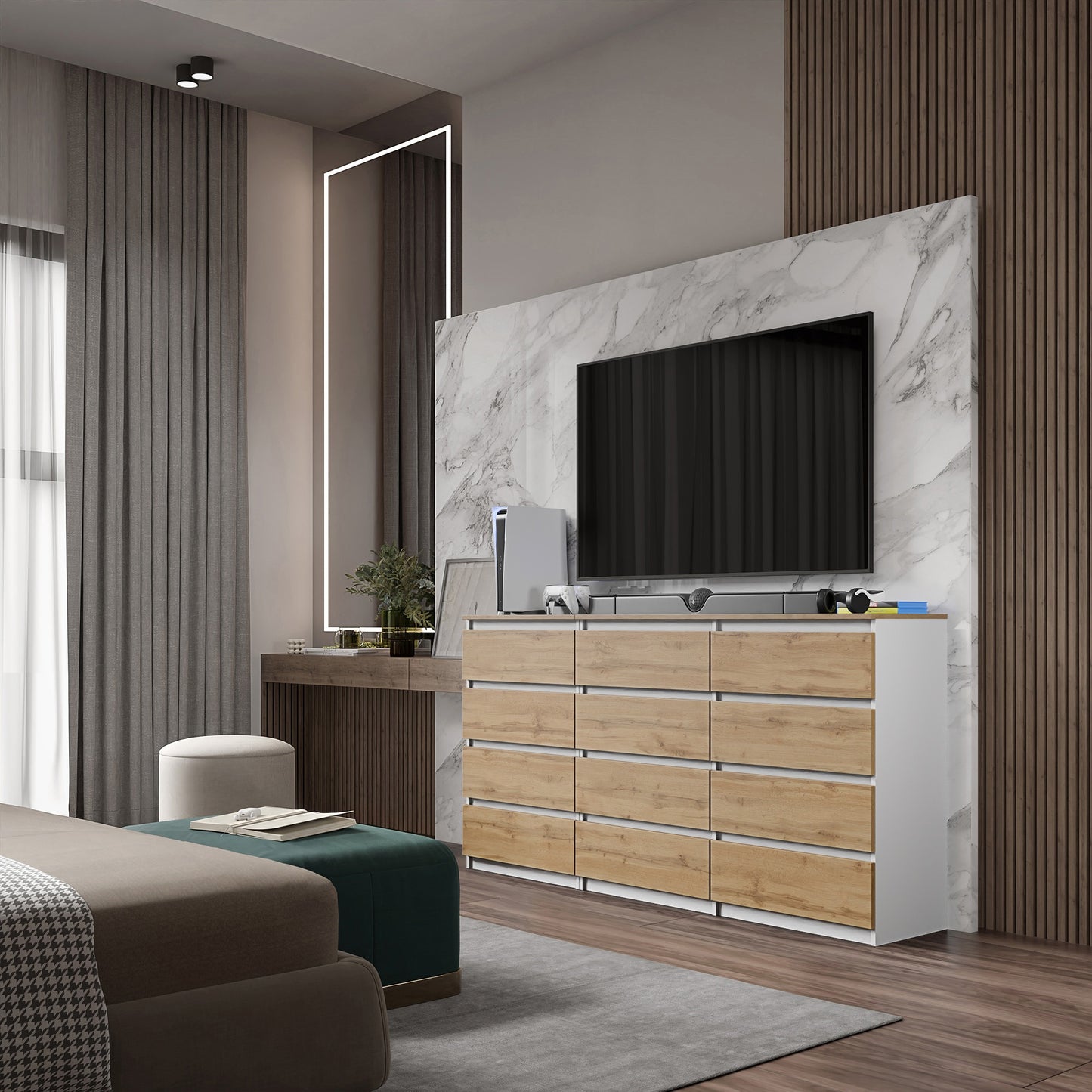 GABRIEL - Cassettiera a 12 cassetti (8+4) - Credenza per camera da letto - Bianco opaco / Rovere Wotan
